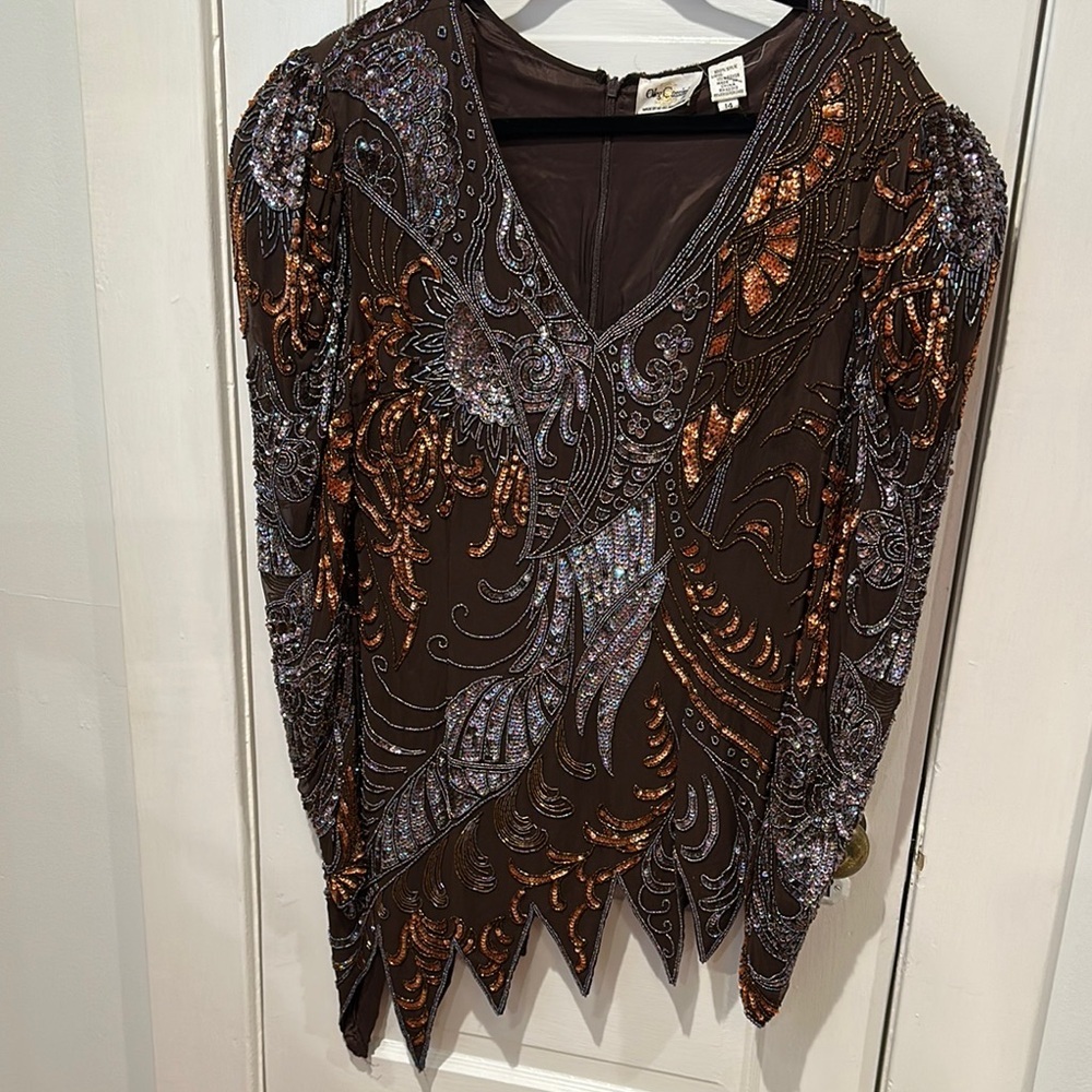 Vintage Oleg Cassini Brown Asymmetrical Blouse Sequin Beaded Top Sz 14